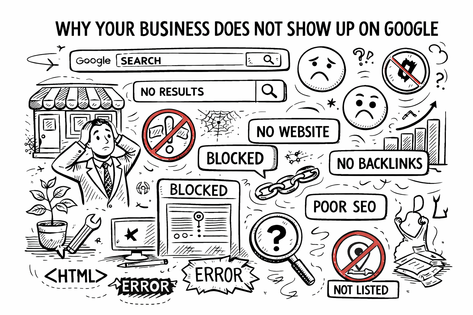 Why your business does not show up on Google - illustration showing SEO problems
